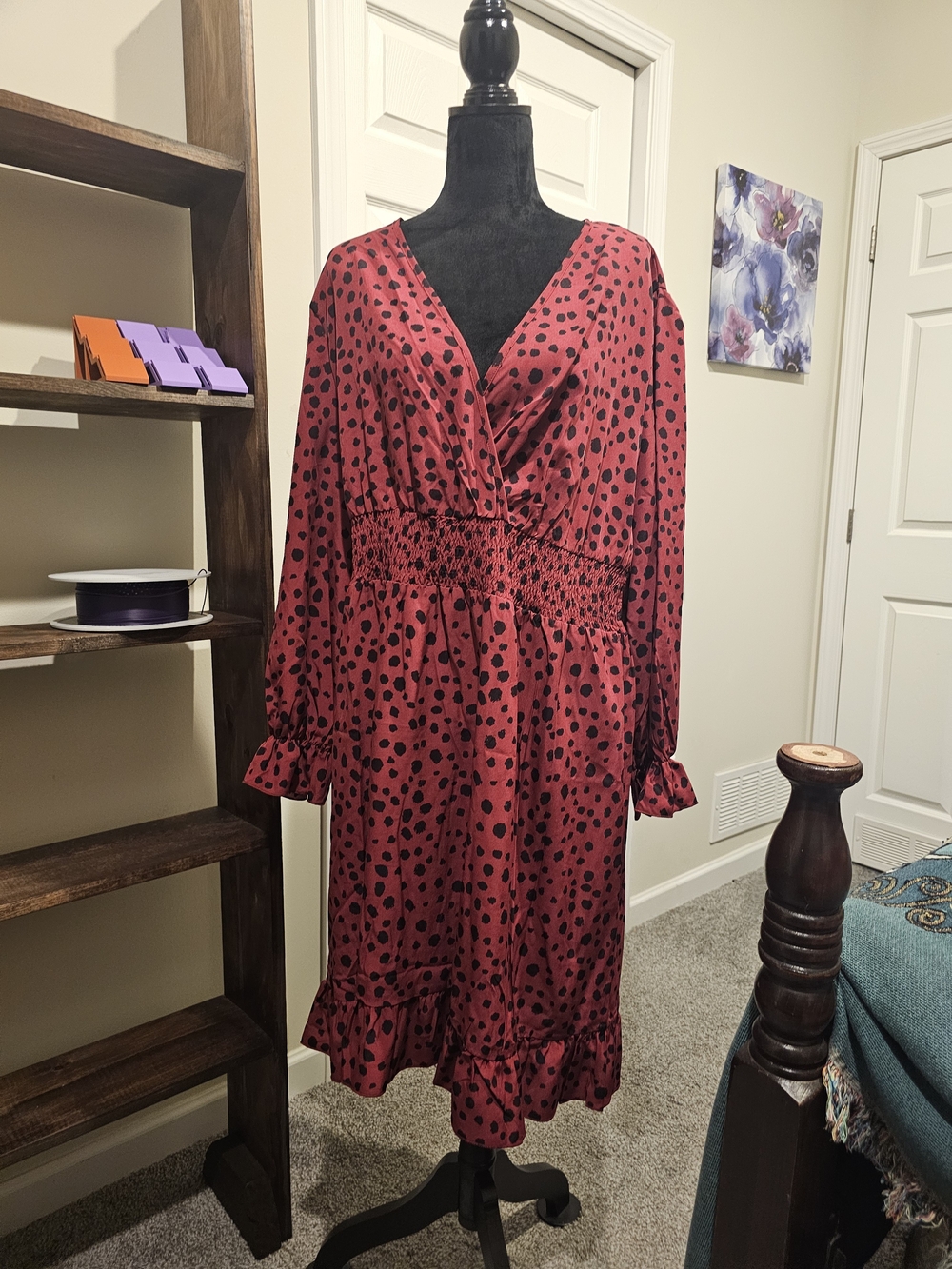 SHEIN Red Long-Sleeve Polka Dot V-Neck Smocked Waist Dress